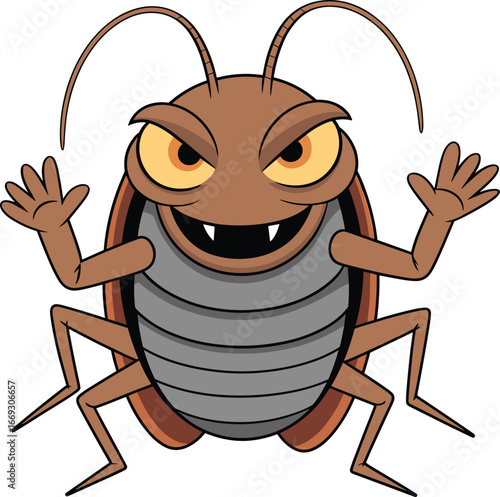 Cartoon cockroach character, expressive yellow eyes, fanged smile, playful pose, segmented body, anthropomorphic insect, vector illustration, animated, quirky, stylized,