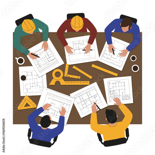 A dedicated team of architects and engineers collaboratively reviews intricate blueprints and design plans for a new construction project.