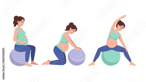 Flat illustration of Prenatal Fitness Exercises with a Fitness Ball for Expectant Mothers
