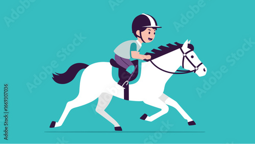 Flat illustration of Young Rider and Horse Galloping Equestrian Fun