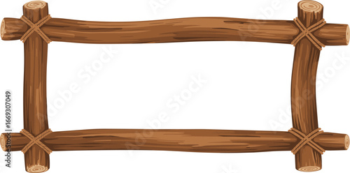 Cartoon wooden frame illustration, rustic log design, rope corners, natural texture, vector border, decorative signage, handcrafted style, cute, stylized, isolated, brown, organic,