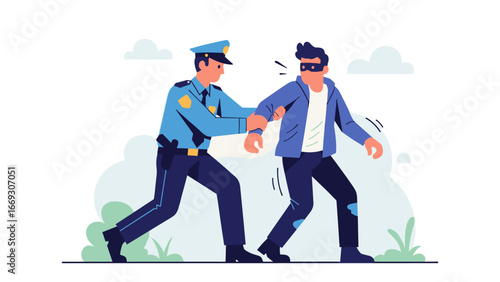 Flat illustration of Police officer apprehending a masked criminal, symbolizing law enforcement, justice, and crime prevention illustration