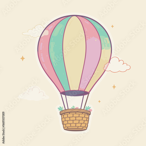 Pastel Handdrawn Striped Hot Air Balloon With Cloud Illustration Asset
