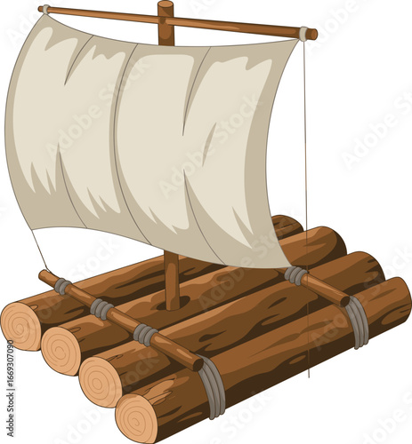 Cartoon wooden raft with sail, rope-tied logs, vertical mast, cloth sail, survival boat, vector illustration, rustic, stylized, floating, watercraft, handmade, nautical, traditional,