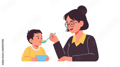 Flat illustration of ]mother gently feeding her hungry son during a nutritious mealtime, fostering a loving family bond
