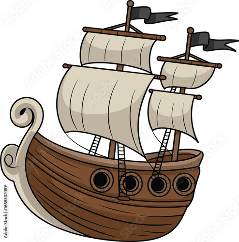 Cartoon wooden sailing ship, cream sails, black flags, rounded hull, portholes, scrollwork bow, vector illustration, stylized, nautical, vintage, expressive, bold, isolated, sea,