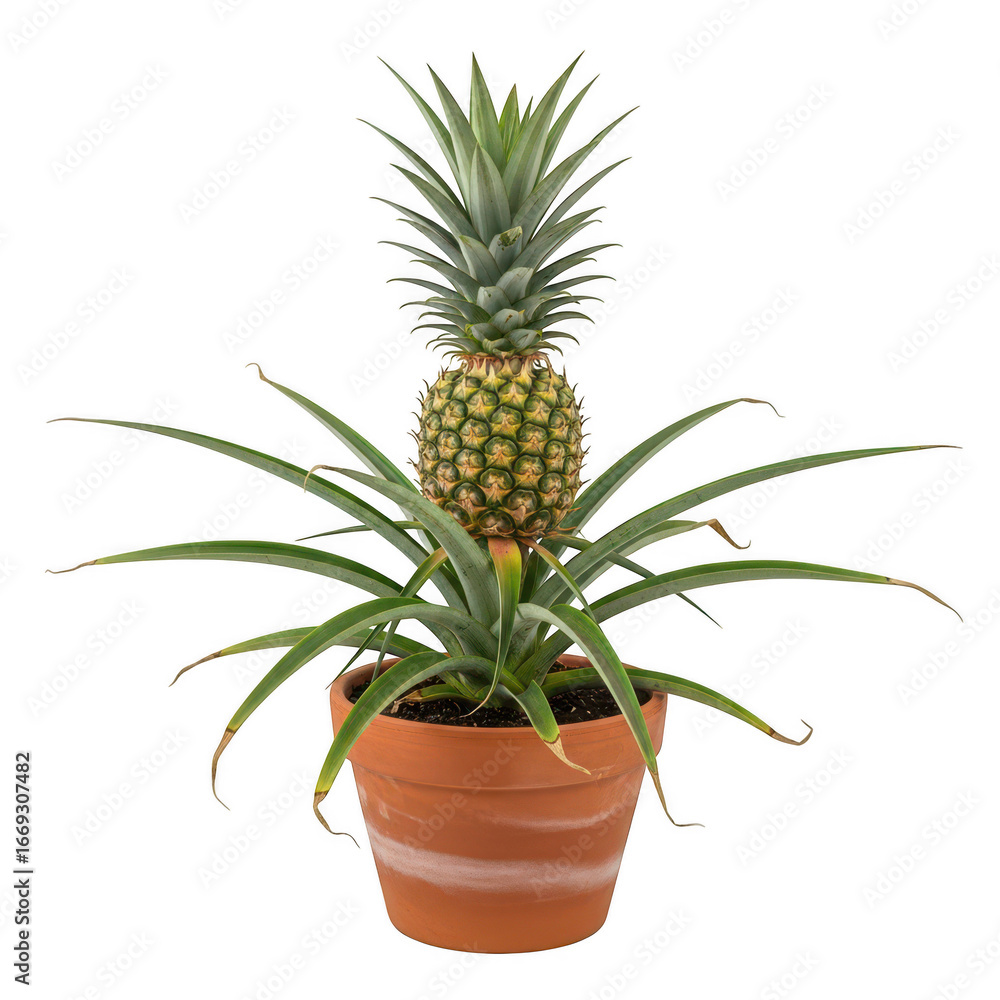 Fototapeta premium Pineapple plant growing in a terracotta pot isolated on transparent background