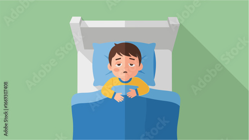 Flat illustration of Young child unable to sleep in bed, appearing restless and worried, depicting common sleep challenges