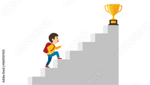 Flat illustration of Child Climbing Stairs Towards Trophy Success, Achievement, and Goals