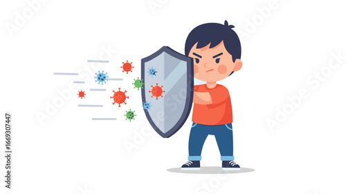 Flat illustration of Child Superhero Defending Against Viruses with Shield