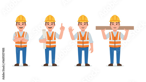 Construction worker illustrations in safety gear, holding plans and materials, with pride