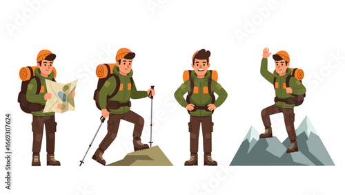 Flat illustration of hikers in various dynamic poses ready for outdoor adventure and mountain exploration