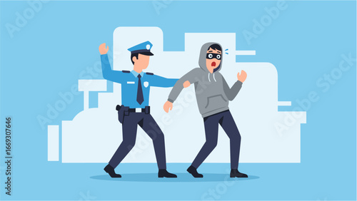 Arresting a hooded suspect A flat illustration of law enforcement and crime prevention