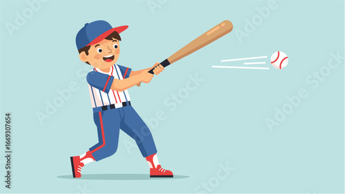 Flat illustration of Baseball Player Swinging the Bat at the Ball with Joyful Energy and Enthusiasm