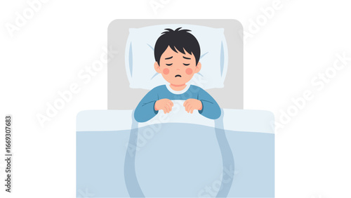 Flat illustration of Young Boy Looking Distressed While Lying Down in Bed Under a Blanket