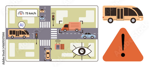 Autonomous vehicles with AI managing traffic at an urban intersection. Visible elements include buses, cars, trucks, sensors, speed indicator, eye symbol, and warning icon. Ideal for mobility
