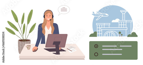 Woman wearing headset at desk with a computer, speech bubble, plant, coffee cup, and documents alongside an illustrated airport scene. Ideal for customer support, travel, communication, service