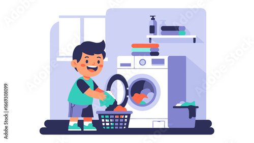 Flat illustration of Boy Doing Laundry at Home Cartoon Vector Illustration of Child Helping with Chores