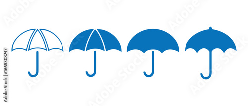 Umbrella Icons. Outline and Solid Blue Variants with Curved, Rounded, and Scalloped Tops for UI & Weather Graphics.