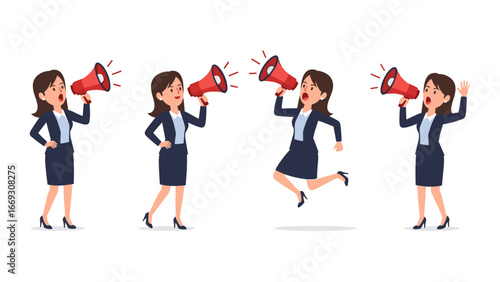 Flat illustration of businesswoman powerfully conveys messages with a megaphone, engaging audiences and spreading important news
