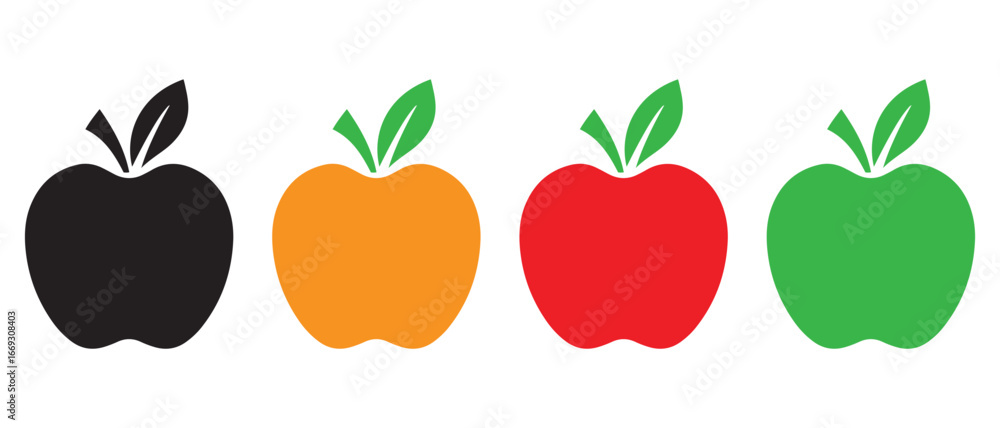 Colorful Apple Icons. Black, Orange, Red, Green Variants for UI, Education & Design Themes.