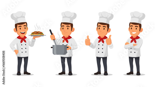Flat illustration of male chefs engaged in culinary tasks, serving meals, and showing positive expressions