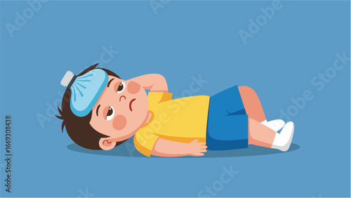 Sad Little Boy Lying Down with Ice Pack on Head Seeking Relief from Fever or Headache