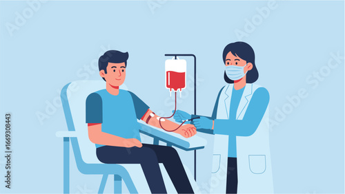 Man donating blood to medical professional in a clinic, illustration