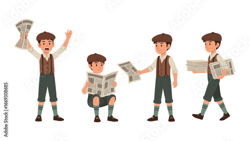 Flat illustration of Boy with Newspaper Diverse Poses Illustrations