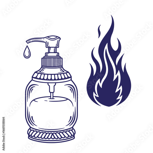 Hand sanitizer and fire symbol vector illustration representing flammability warning concept