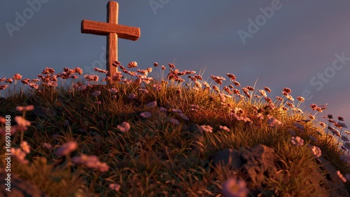 Wooden Cross on Flowery Hill at Sunset