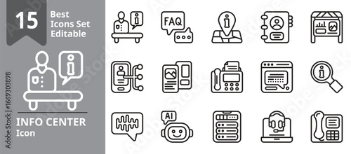 Set of Info Center icons. Contains information, help, guide, support, service, etc . Design elements for you projects. Editable stroke vector illustration