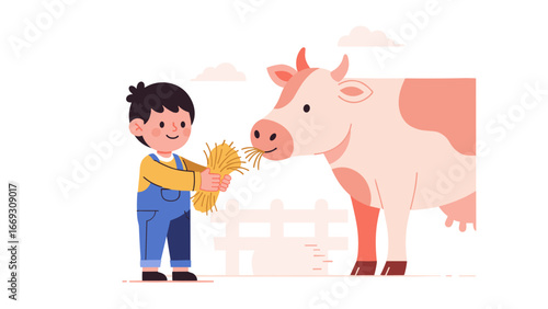 Flat illustration of a young farmer boy gently feeding hay to a happy cow
