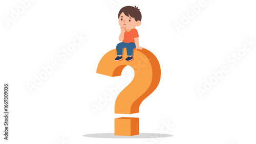 Flat illustration of A Boy Sitting on a Question Mark Pondering Problem, Uncertainty, Dilemma and Curiosity