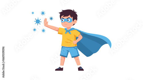 Flat illustration of Superhero Boy Defeating Viruses  A Child's Fight Against Germs