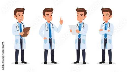 Flat illustration of Friendly Male Doctor Character in Various Professional Poses Representing Healthcare and Medicine