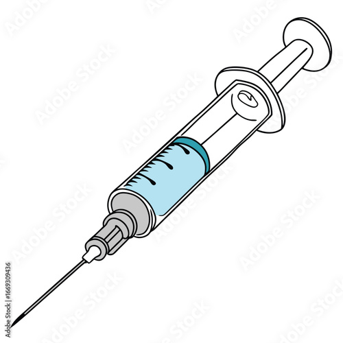 Illustration of a medical syringe with a needle and blue liquid, isolated on a, representing injection, vaccination, and medical treatment