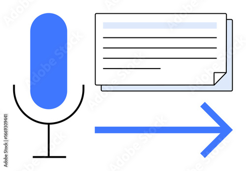Blue microphone, text document, and arrow representing voice-to-text conversion or audio input transformation. Ideal for communication, transcription, technology, accessibility, AI, productivity