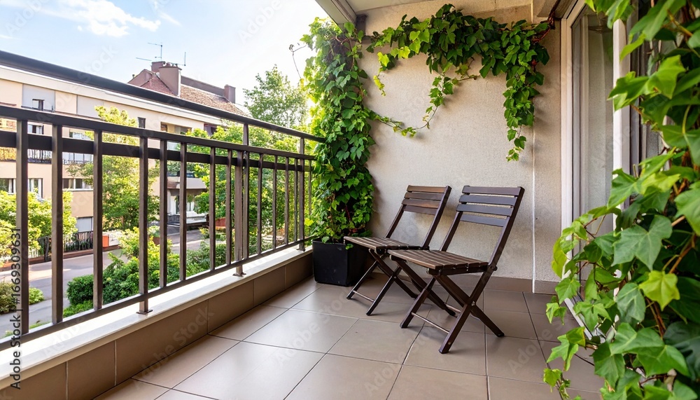 Naklejka premium small balcony with folding chairs and green vines