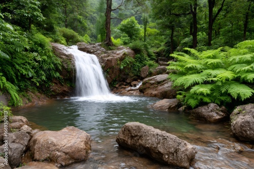Waterfall cascading into pond surrounded by lush vegetation