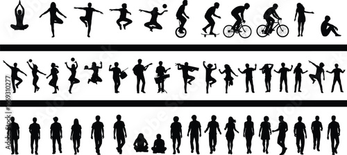 Silhouette vector people, dancing, biking, unicycle, yoga, jumping, walking, performing, music band, exercise pose, outdoor activity, fitness lifestyle, human figures set