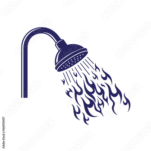 Illustrated dark blue shower head with flames spraying downward on a white background