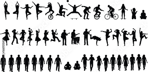 Silhouette people, dancing, exercising, performing, walking, sitting, biking, yoga pose, music band, outdoor activity, action movement, lifestyle figures, human motion design