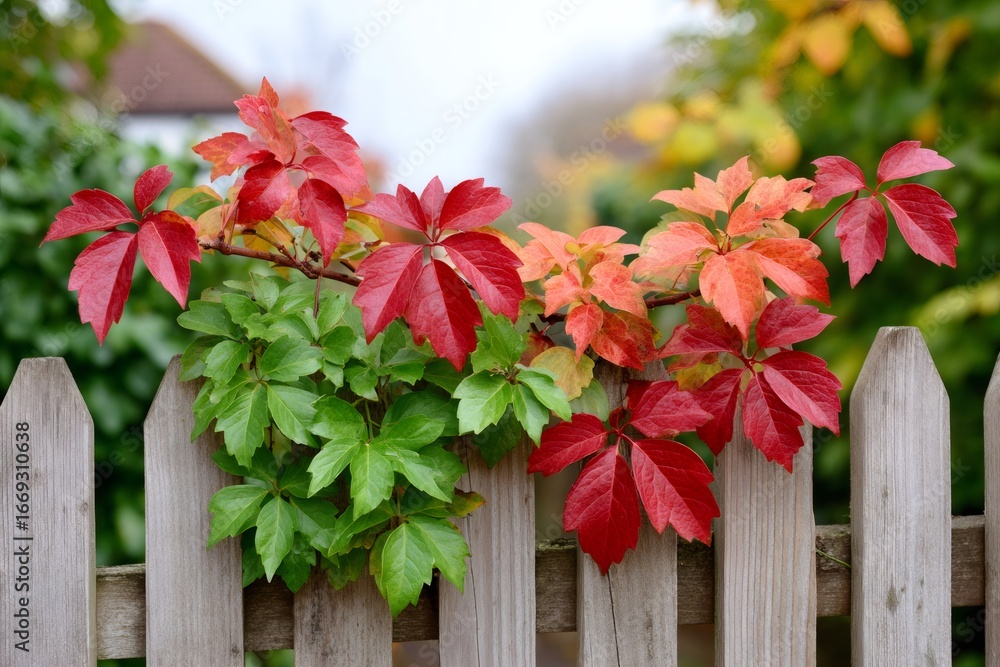 Fototapeta premium Red and green leaves climbing a wooden fence in autumn