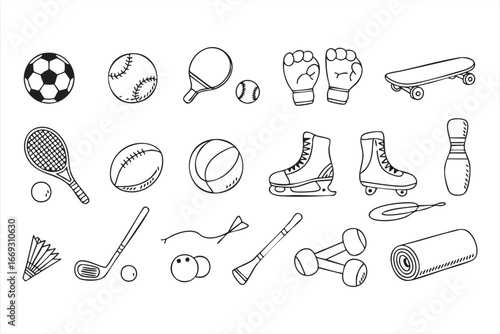 Black and White Vector Set of Athletic Equipment and Games