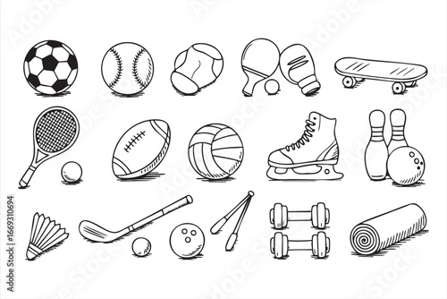 Black and White Outline Collection of Games and Sports Gear