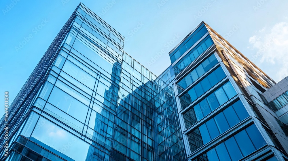 Obraz premium Low-angle view of modern glass skyscrapers against a clear sky