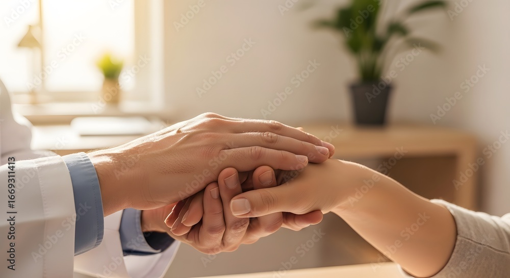 Obraz premium Doctor holding patients hand with care and compassion, symbolizing trust and empathy in healthcare