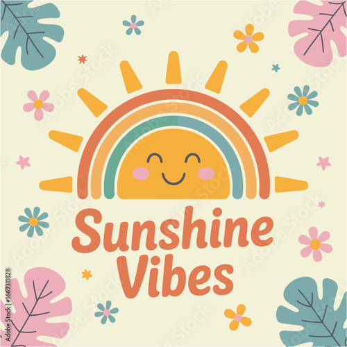 Retro Handdrawn Happy Sun With Rainbow Decorative Elements Graphic Illustration