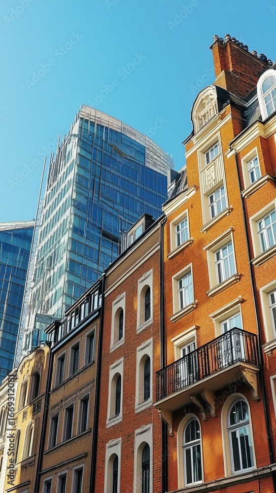 Fototapeta premium Modern and historic buildings juxtaposed against a clear sky